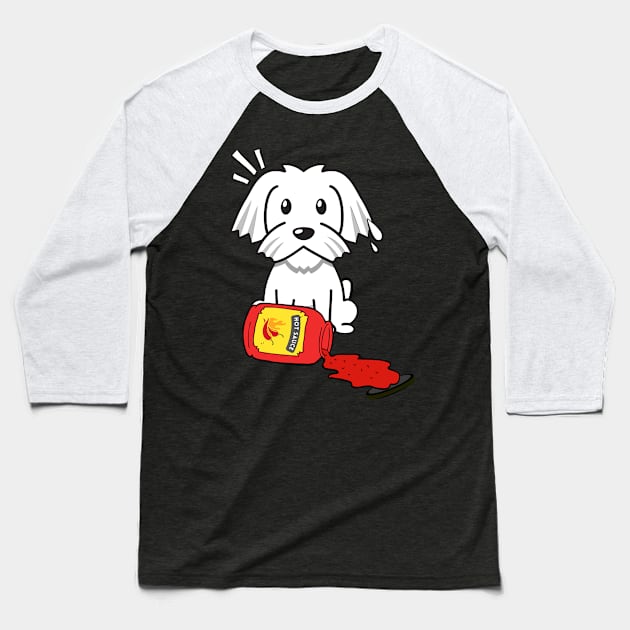 Cute white dog Spills Hot Sauce Tabasco Baseball T-Shirt by Pet Station